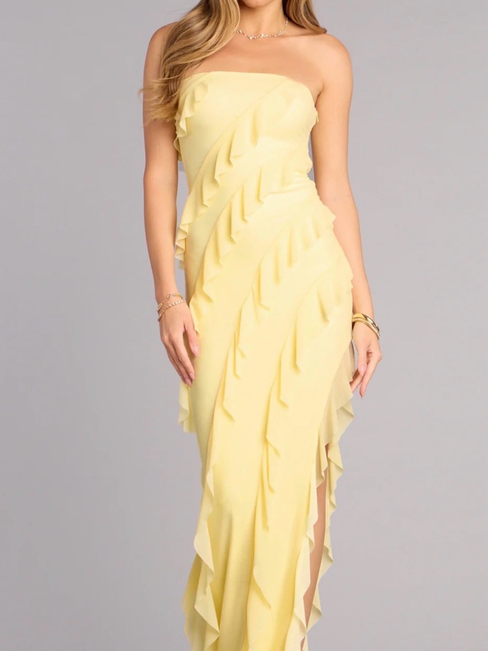 Strapless Yellow Ruffle High-Low Dress